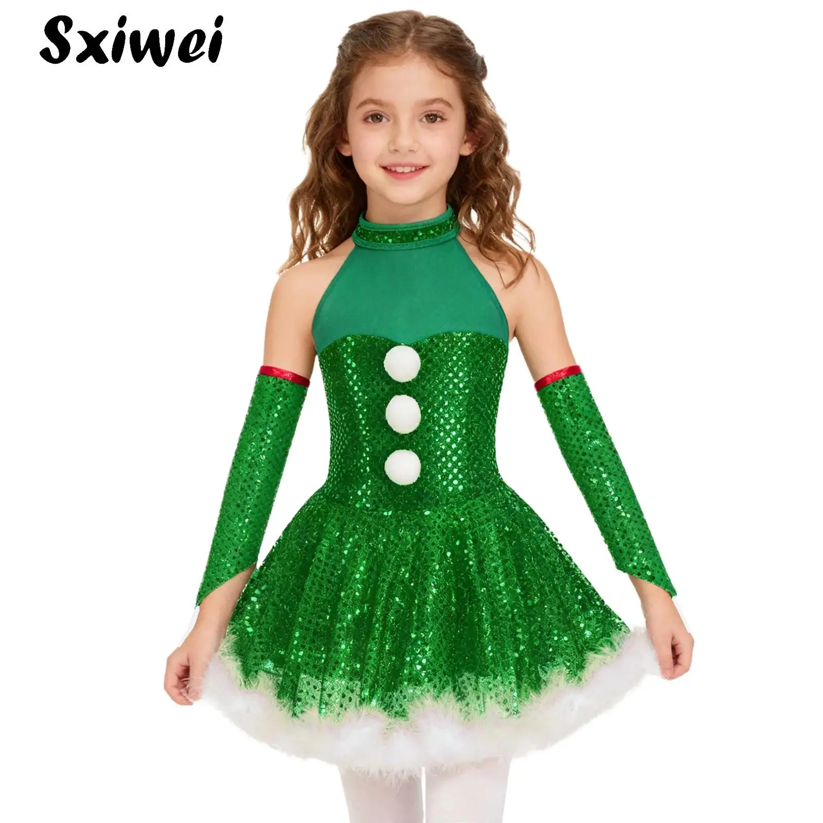 

Girls Sequins Tutu Dance Dress Sleeveless Figure Skating Dress Christmas Party Dance Costume Ballet Leotard Performance Dancewer