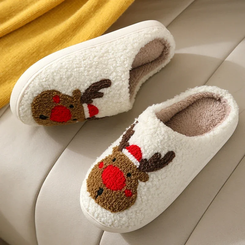 Christmas Elk Cotton Slippers para homens e mulheres, desenhos animados bonitos, casa, antiderrapante, casal, slides de chão, sapatos de pelúcia interior, inverno, 20