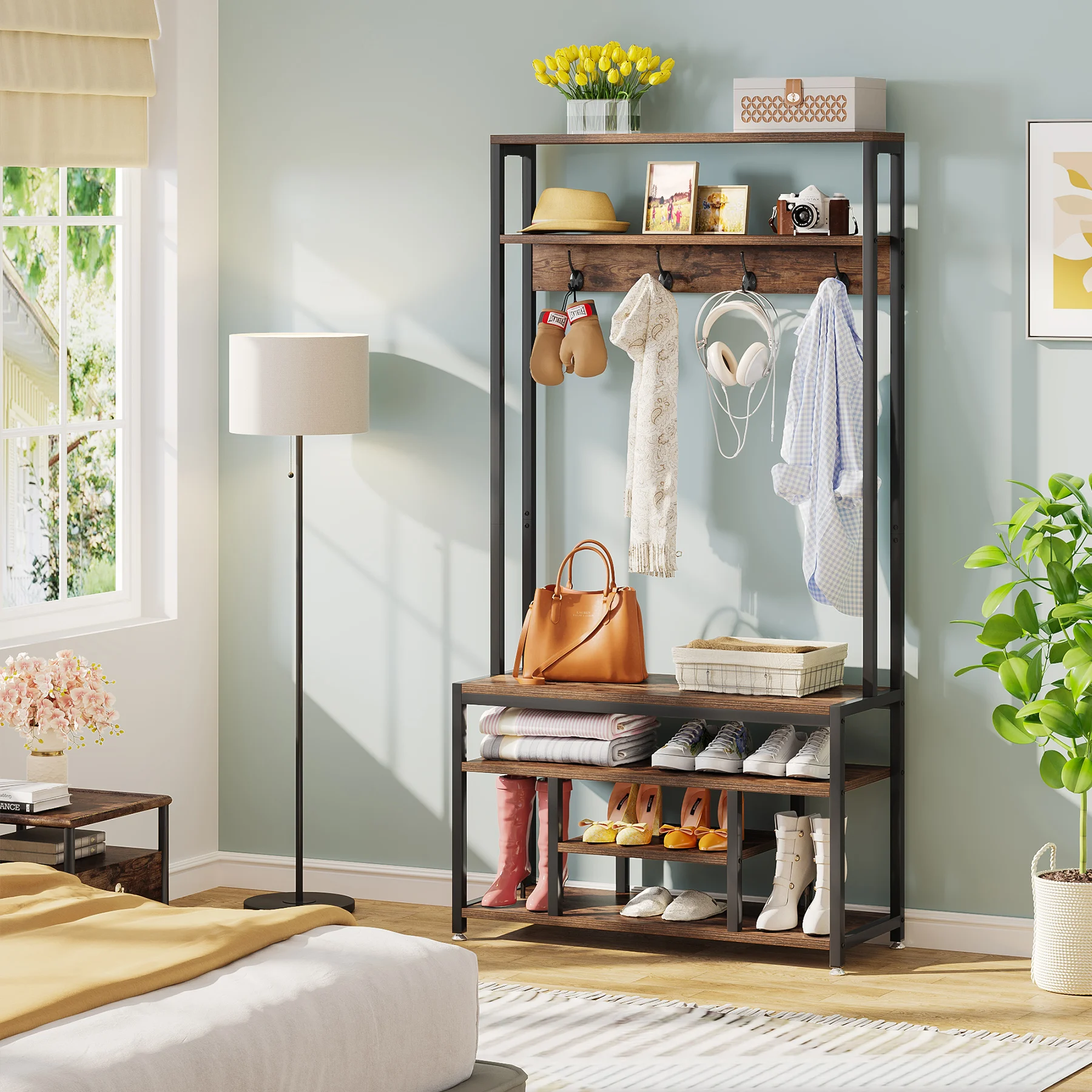 Tribesigns Entryway Bench with Coat Rack, 4 IN 1 Hall Tree with Shoe Rack Shoe Bench, 4 Hanger Hooks and Storage Shelf image 2