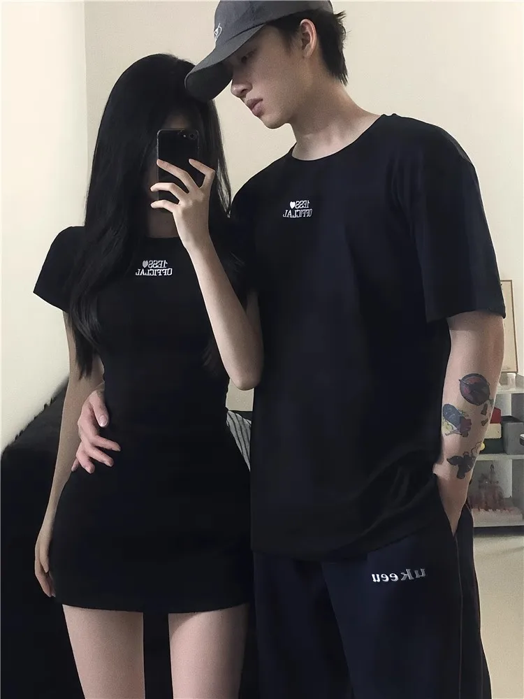 Milan Sle Couple correspondant été ort Sve t-shirt femmes Dr décontracté Version coréenne Polyester fibre a-ligne jupe