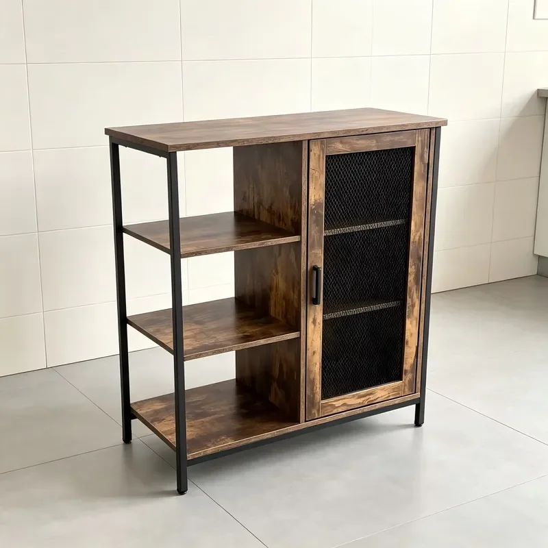 for Modern Industrial Style Kitchen Lockers with MDF Mesh Doors Metal Frame Multi-Layer Shelves Home Side Cabinets