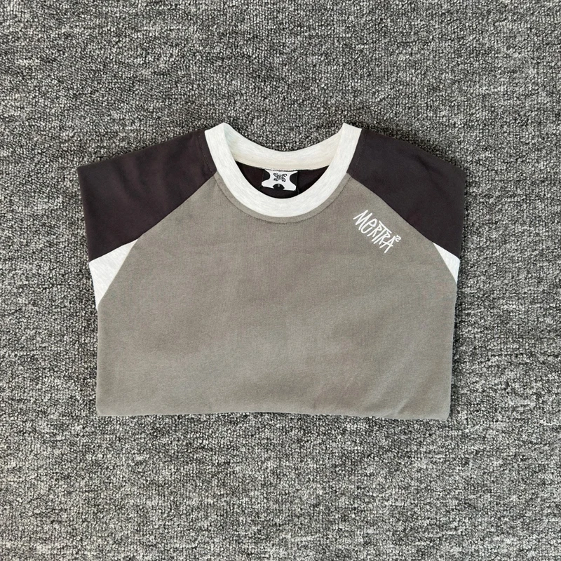 

Summer New Mertra T-shirt High Street Fashion Spliced Sleeve Embroidery Letter Casual Tops Loose Roundneck Men Women Real Photos
