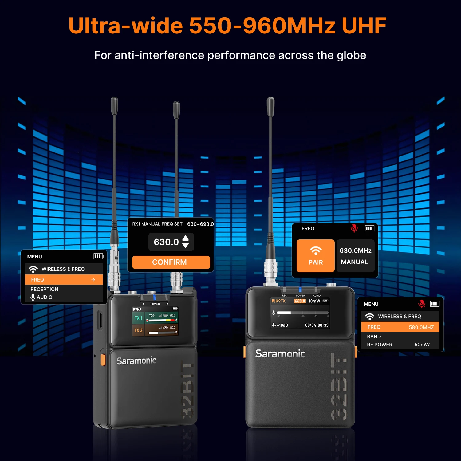 ميكروفون سارامونيك K9 ثنائي القناة الرقمي UHF اللاسلكي Lavalier لصانعي الأفلام ومصور الفيديو ومخلوق المحتوى وعرض المسرح التلفزيوني