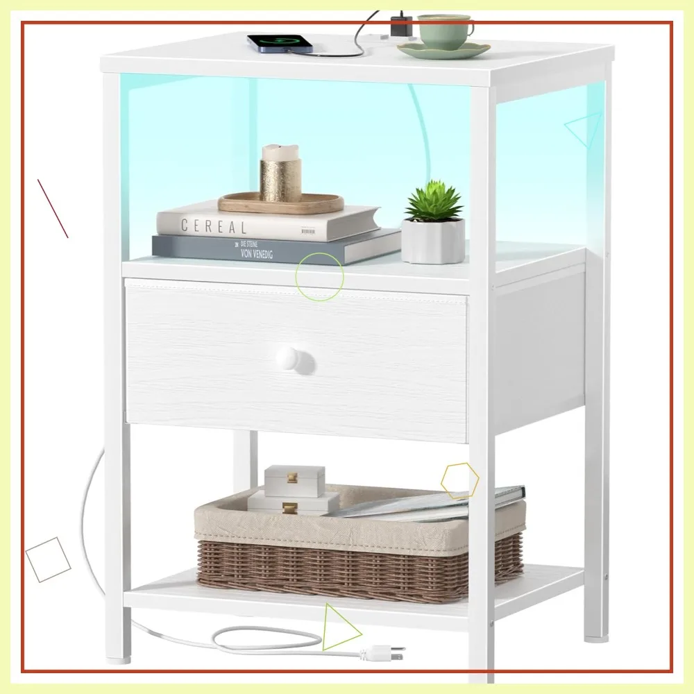 

Современная белая прикроватная тумбочка с зарядной станцией, LED-подсветкой, тканевыми ящиками, USB-портами и розетками для спальни