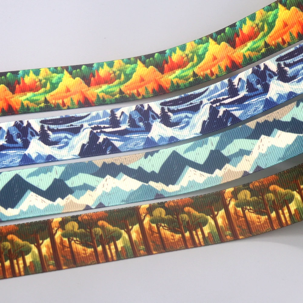 DUWES 50yards Forest Mountain Tree Printed Grosgrain Ribbon Accessories Material Headwear Decoration DIY Sewing Craft D2194