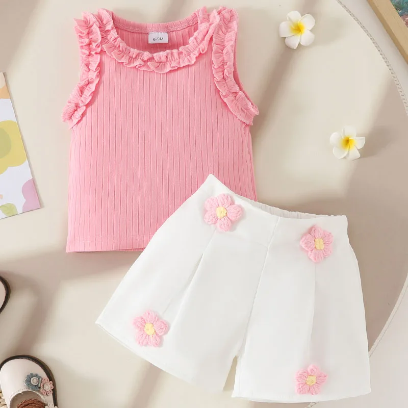 

2Piece 2025 Summer Little Girls Outfit Sets Korean Fashion Cute Flowers Sleeveless Baby Tops+Shorts Kids Boutique Clothing B109