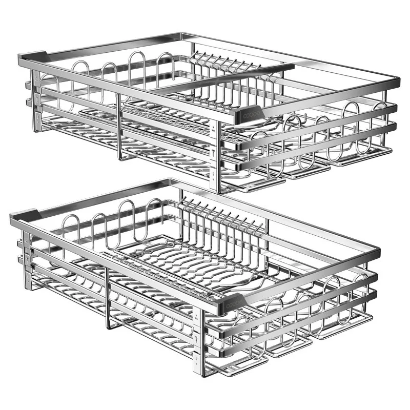 Stainless steel drawer type push-pull kitchen cabinet double-layer pumping bowl