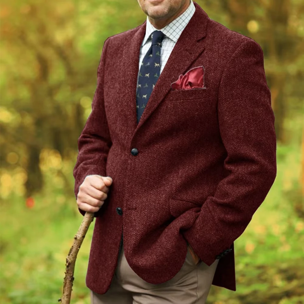 سترة بدلة بنمط متعرجة رمادية للرجال سترة كلاسيكية واحدة الصدر غير رسمية للتنقل في الخريف 2025