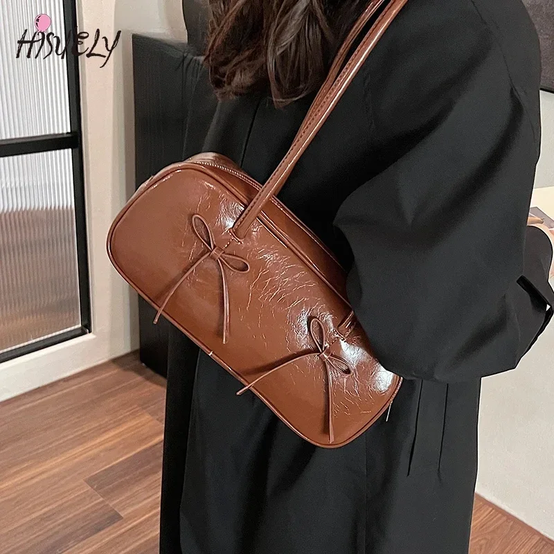 Retro Small Vegan Bow Leather Underarm Shoulder Bags for Women 2024 New Trend Winter Y2K Fashion Hobo Tote Bag Female Handbags