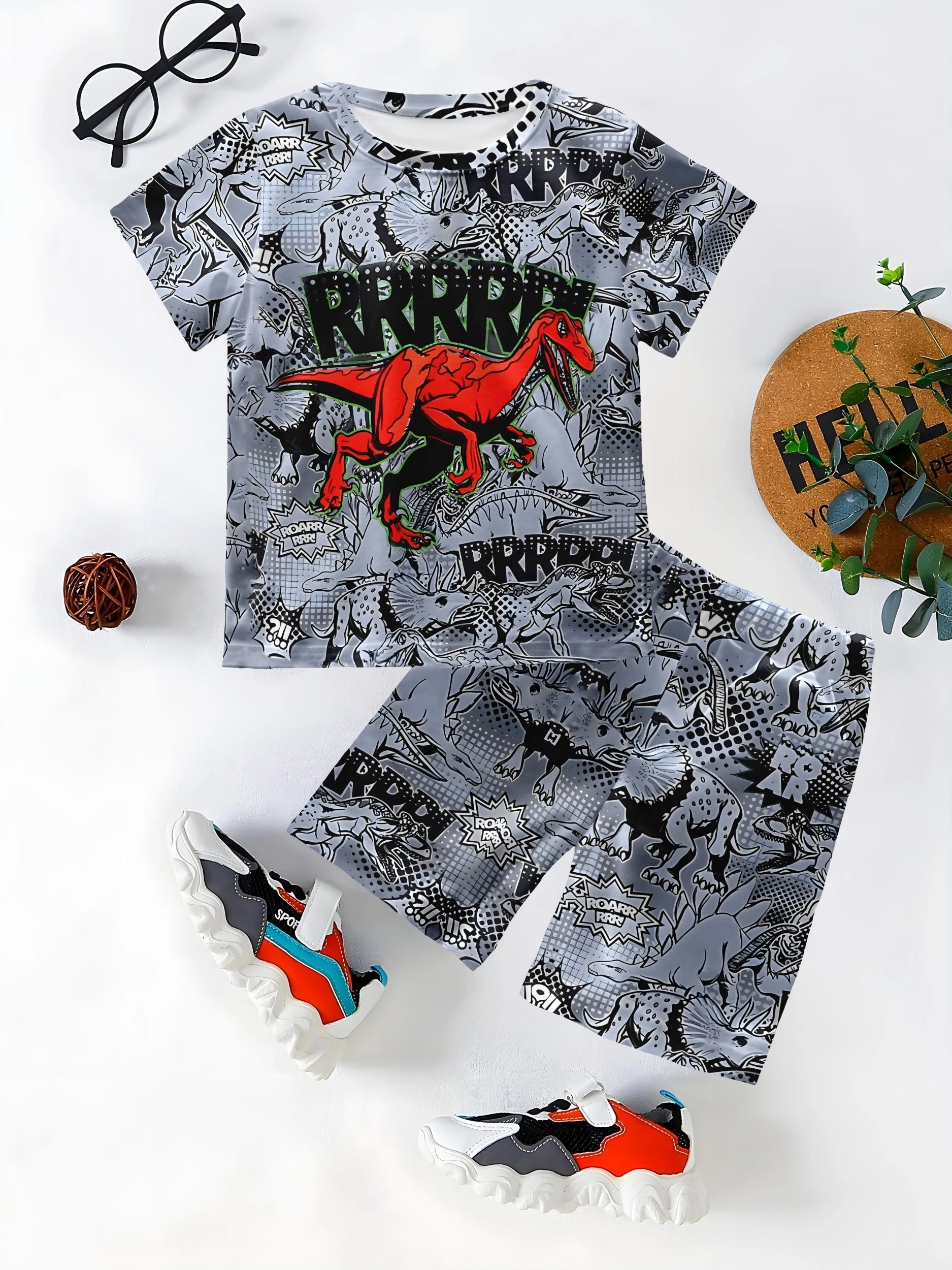 

Tyrannosaurus Rex Bush Cartoon Graphic Print, Boy Suit Short Sleeve Crew Neck T-Shirt and Elastic Waist Shorts, Outdoor Street