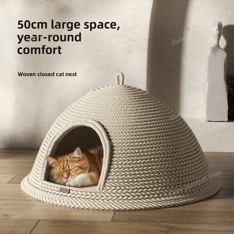 

Cat Bed Scratcher Linen-cotton Weaving Kitten cat Nests Pet Kittens Puppy Semi Enclosed Warm Safe Sleeping Bed with Handle
