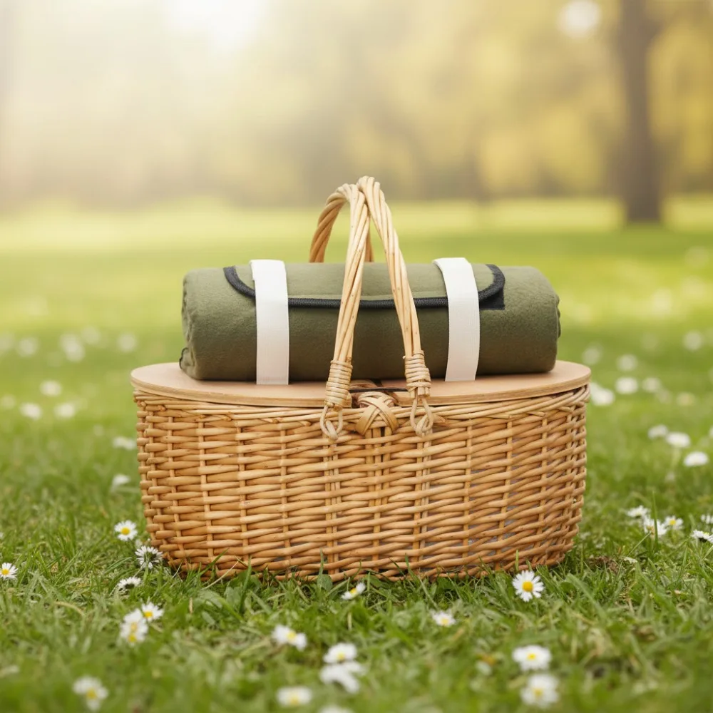 

Vintage Wicker Picnic Basket with Insulated Cooler & Blanket, Portable Camping Hamper for Outdoor Family