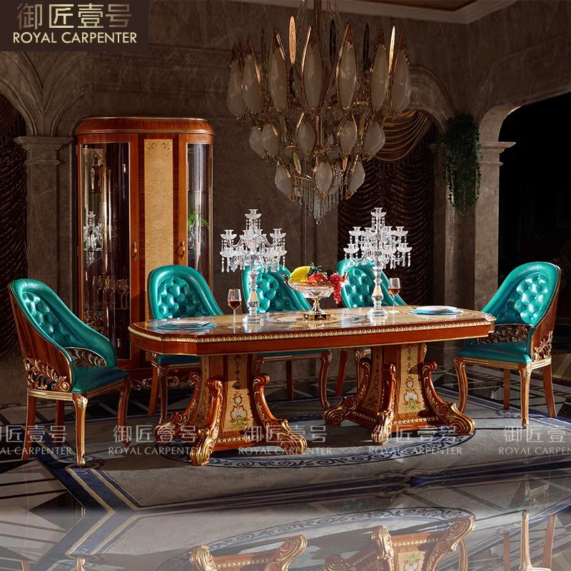 European style restaurant furniture upscale villa pure handmade solid wood carved chair dining table