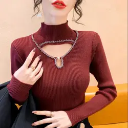 New Hollowed Out Nail Drill Knitted Base Sweater Semi High Neck Knitted Base Sweater Women's Inner Top