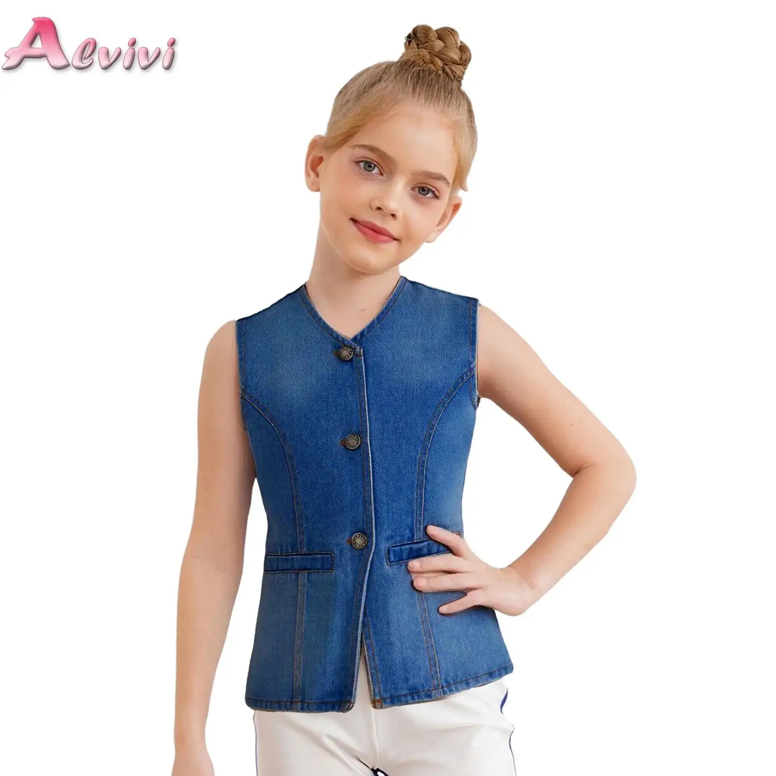 

Kids Girls Fashion Denim Vest V-Neck Button Down Sleeveless Jean Jacket Outerwear with Fake Pockets Children Outer Clothing