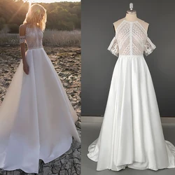 Robe de mariée en dentelle découpée bohème, licou, ligne A, dos nageur, fermeture perles, personnalisé, plage, luxe, satin, élégance, patients, quoi que ce soit