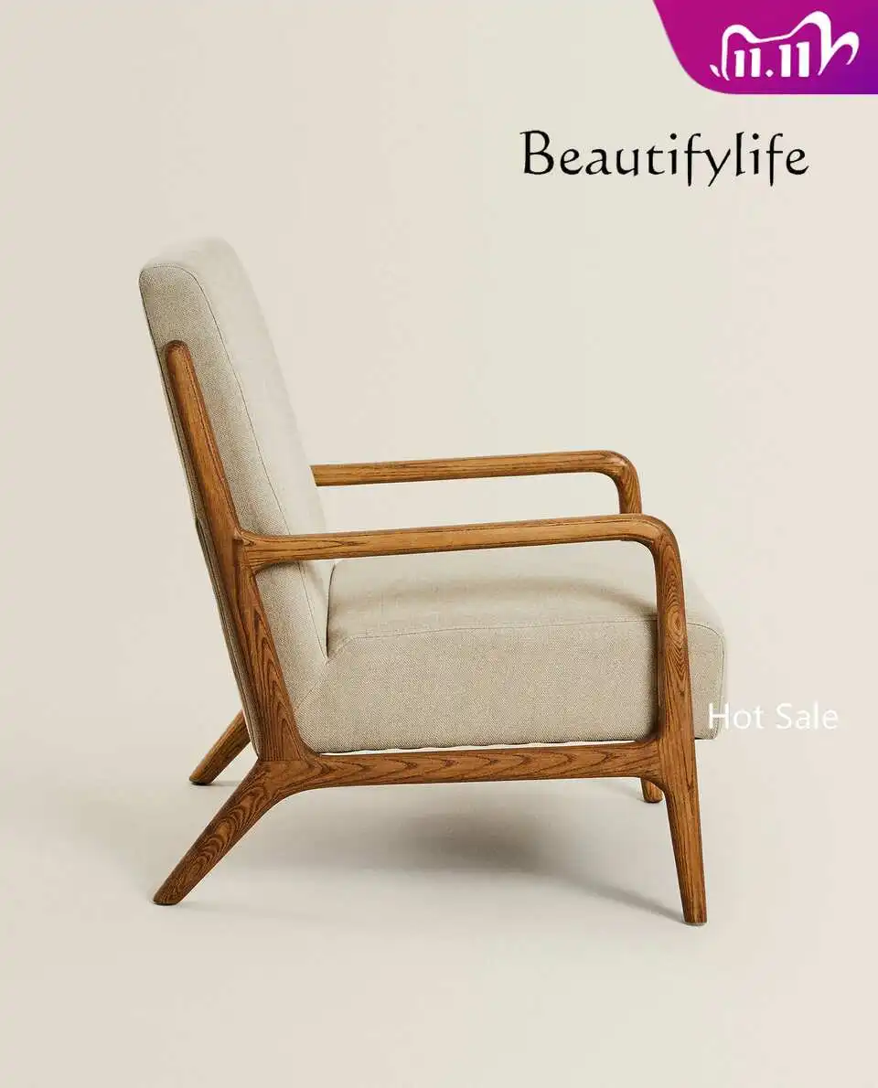 new Modern simple European single upholstered ash wood comfortable sedentary sofa chair with armrests