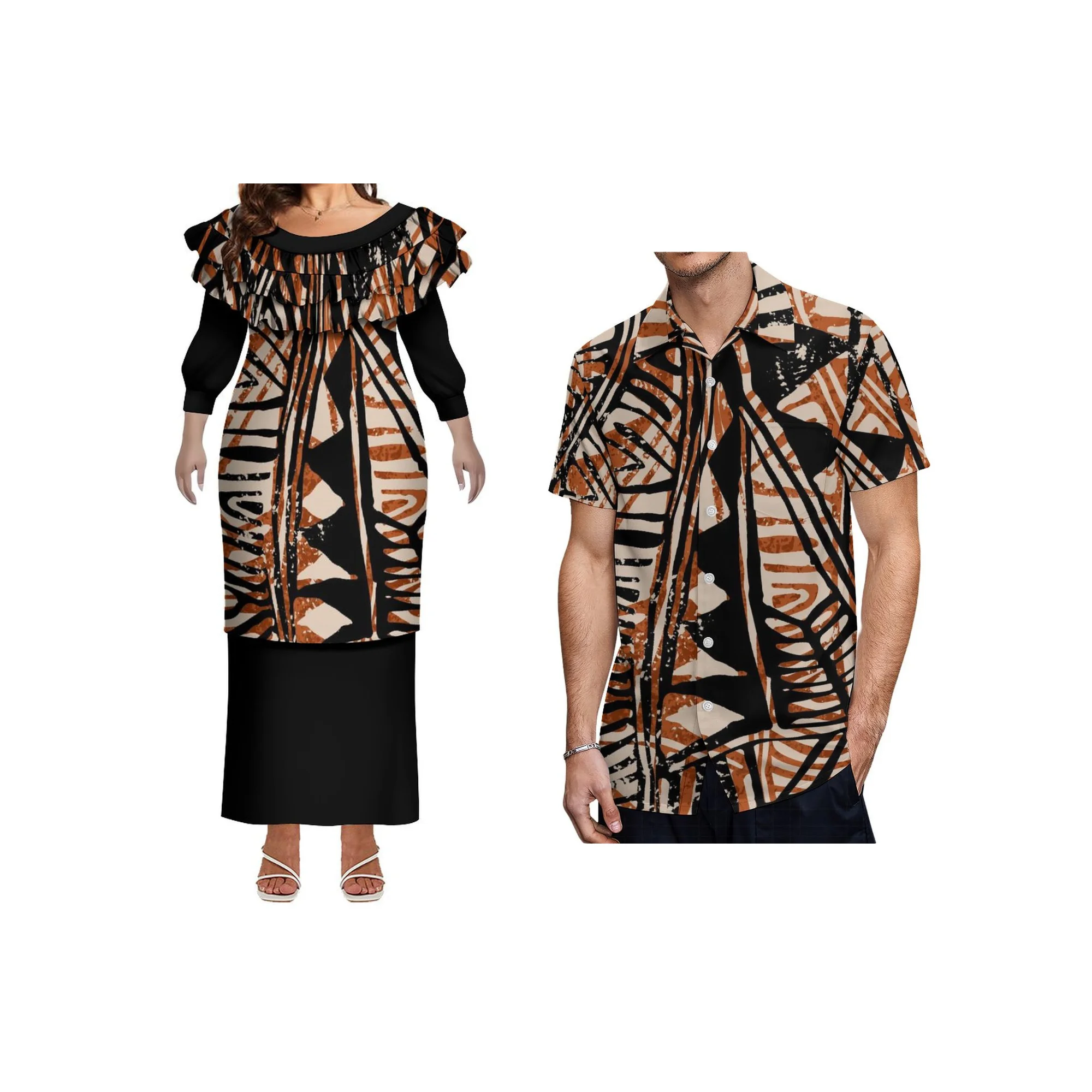 

Индивидуальное платье больших размеров в Новую Зеландии с круглым вырезом, двухслойное платье с оборками, самоеское женское платье Puletasi, мужская рубашка в стиле алоха, 2 шт.