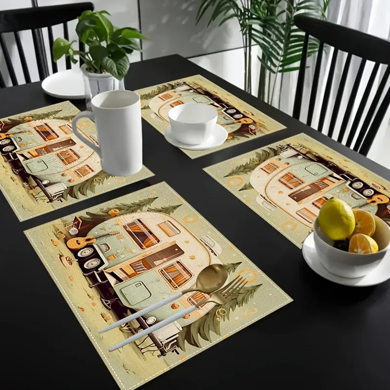 Country Style Camping Pattern Placemat Rectangular Table Mat Comfortable Picnic Cart Pattern Placemat