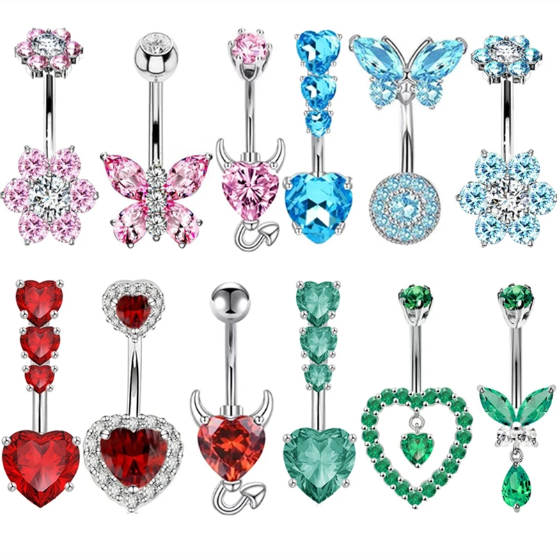 Conjunto de anéis de umbigo de cristal, 3 peças, para mulheres, borboleta, piercing de umbigo, moda em massa, coração, pacote de anel de barriga, piercing ombligo