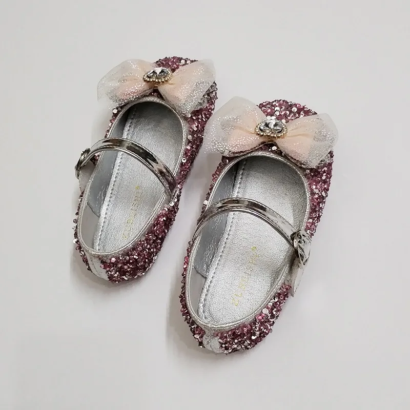 Princess Flats For  Girls Silver Shoes Autumn New Children Brim Bowknot Shoe Baby Pink Diamond Single Shoes Size 25-35