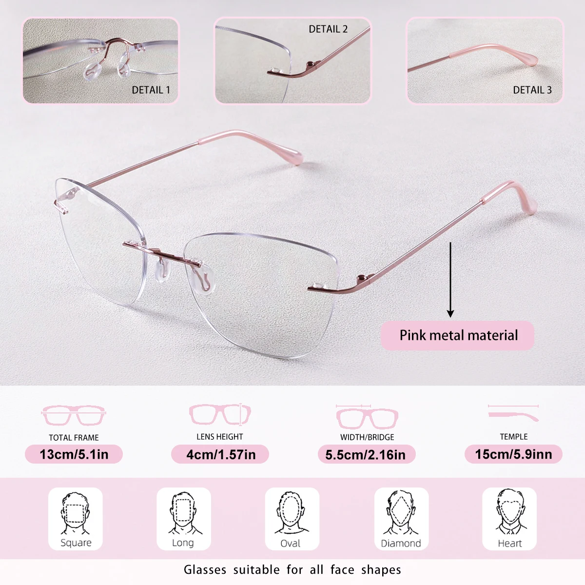 Progressive Multifokal-Lesebrille, Stilvolles Rahmenloses Cat-Eye-Design, Leicht zu Tragen, Klare Sicht. – Detail 2