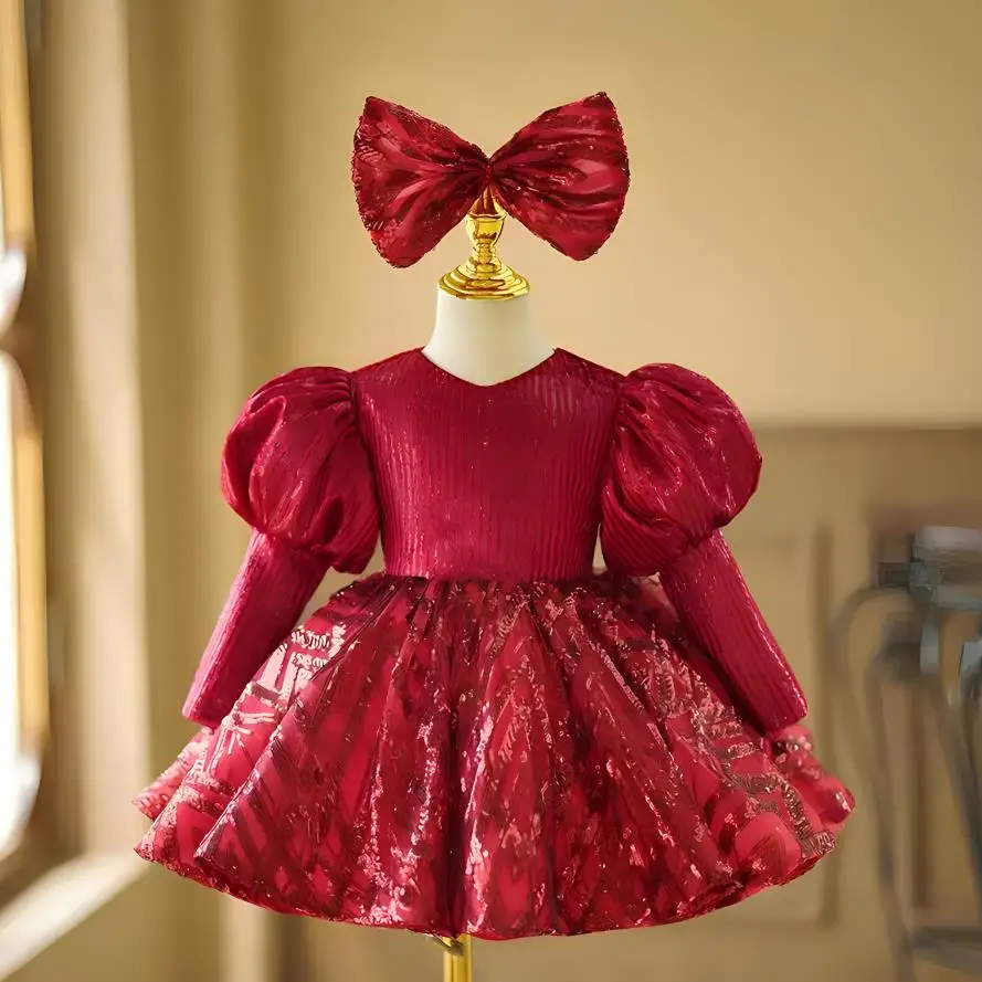 

High-End Children's Wedding Evening Gown Sequins Design Baby Birthday Baptism Party Clothing Girls Red Dress A3298