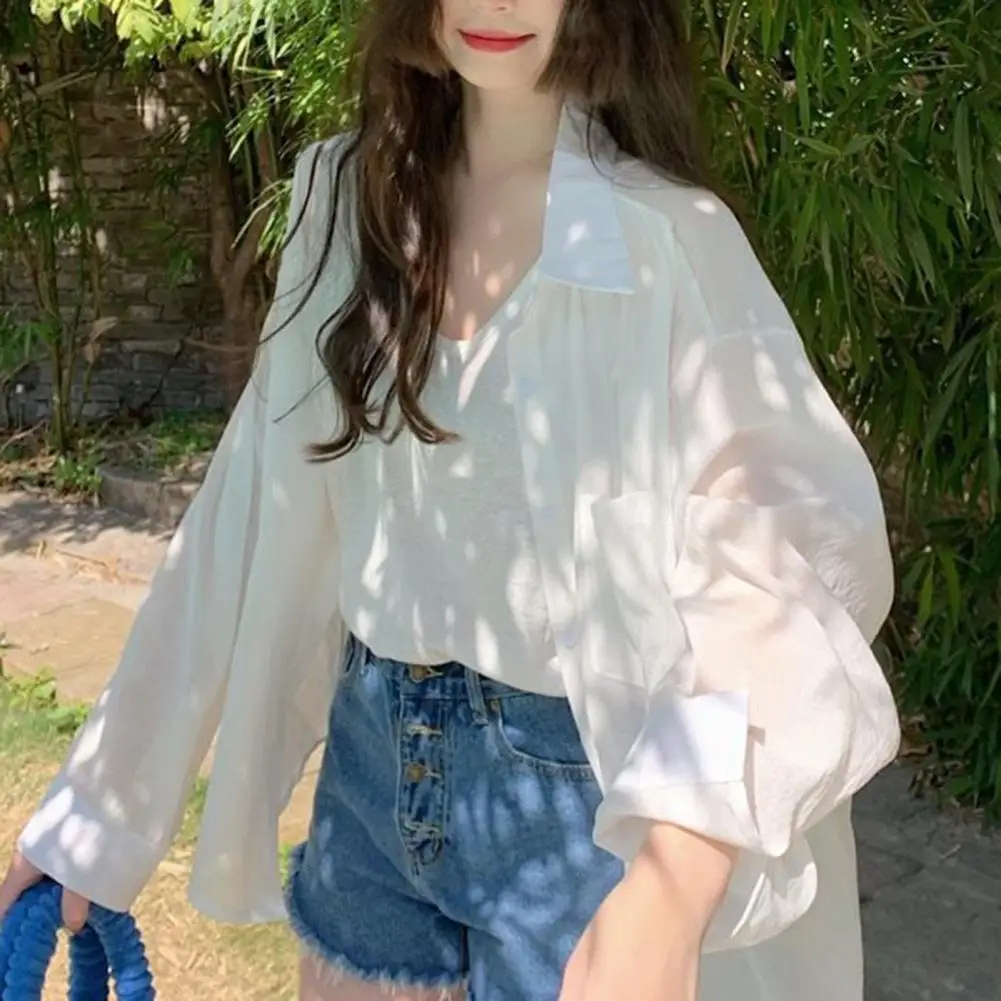

Loose Fit Mid-length Tops Loose Fit Mid-length Women's Summer Shirt Lapel Long Sleeve Single Breasted Solid Color Tops for Thin