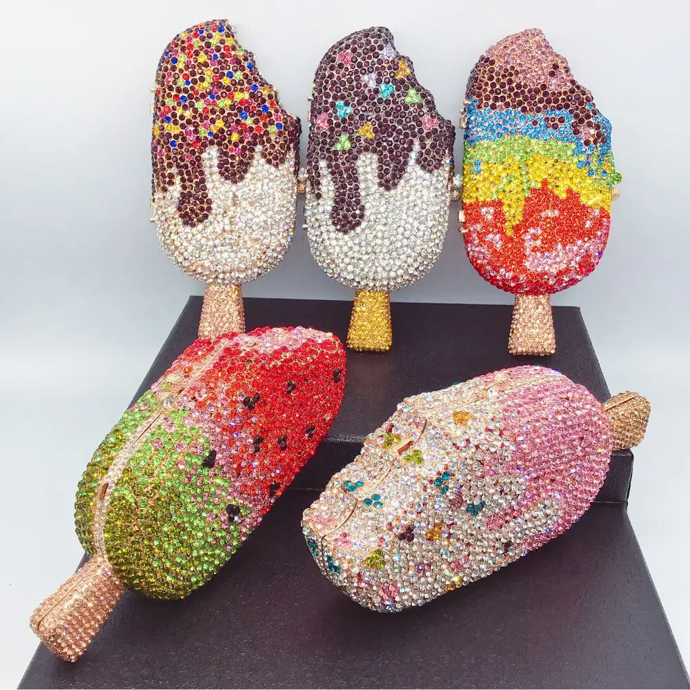 

Popsicle Crystal Evening Purse Green/Pink Rhinestone Bags Dinner Diamond Banquet Prom Clutch Mini Women Stone Purses