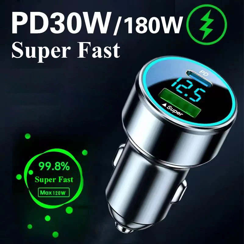 180W USB C Car Charger Adapter with Voltage Monitor Super Fast Charging for Samsung  iPhone iPad Huawei Oneplus OPPO VIVO Phones