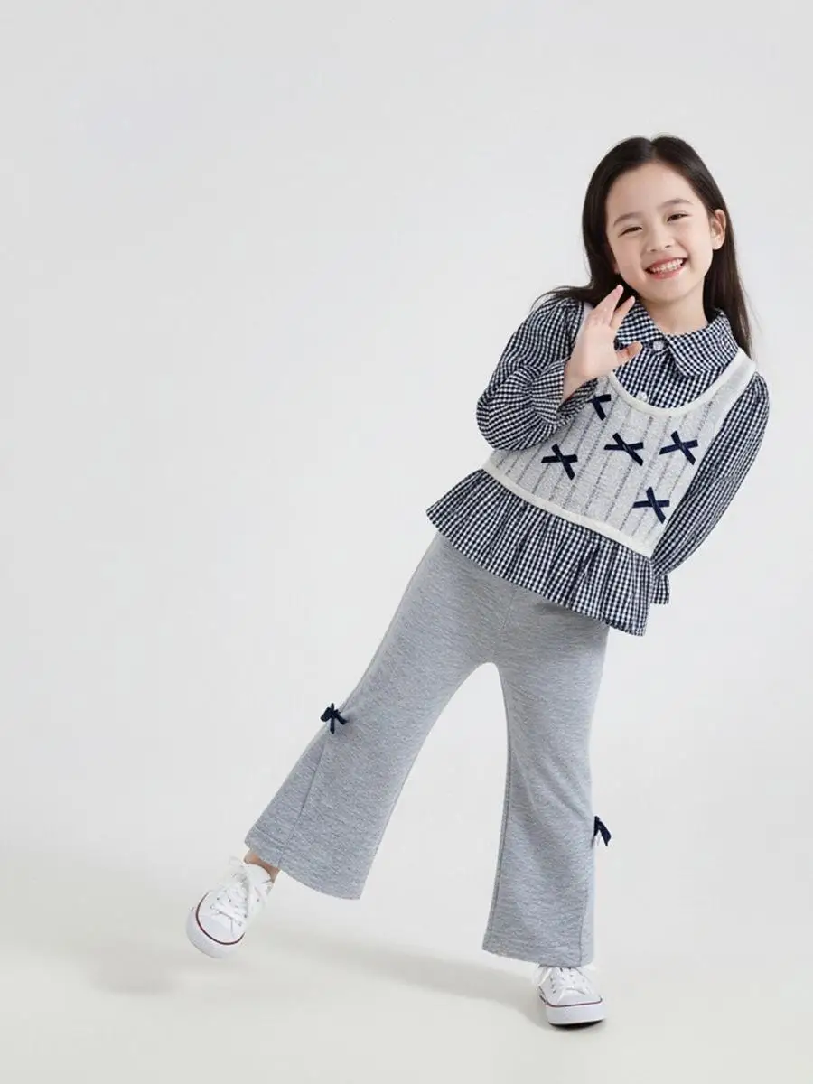 

Girls Plaid irt Bow Tie Vest Wide Leg Pants Loose Tee Piece Set Spring 2026 Casual Sportswear Stand Sve Long Elastic