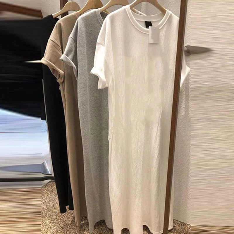 Plus Size Dames Casual Ronde Ne Ort Sve T-shirt Dr Koreaanse Sle Zomer Losse Knielange Dr Pure Kleur