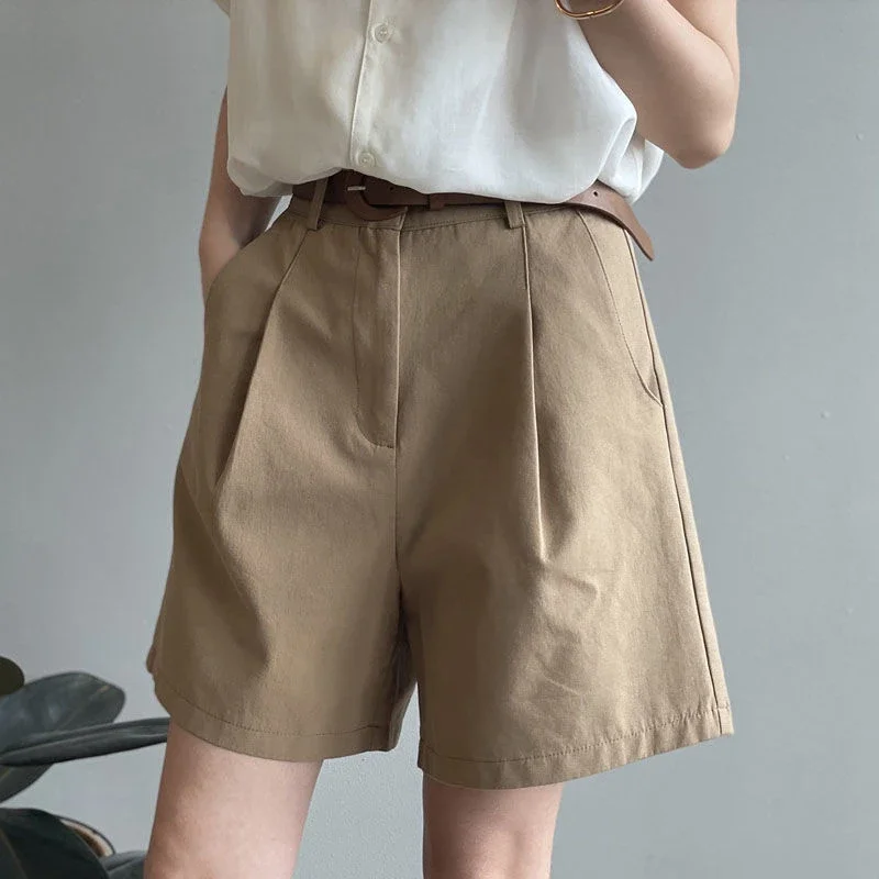 Belt Pure Cotton Shorts Women High Waist Wide Leg A Line Suit Shorts Office Lady Korean Solid Loose Casual All Match Short Pants