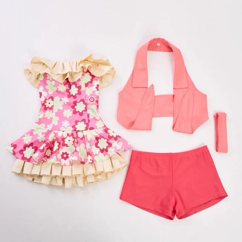 Aikatsu! Hoshimiya Ichigo Cosplay Swimsuit Cute Girl High Bathing Suit Waist Slimming Cover up Ruffle Bandeau Flower Swimwear