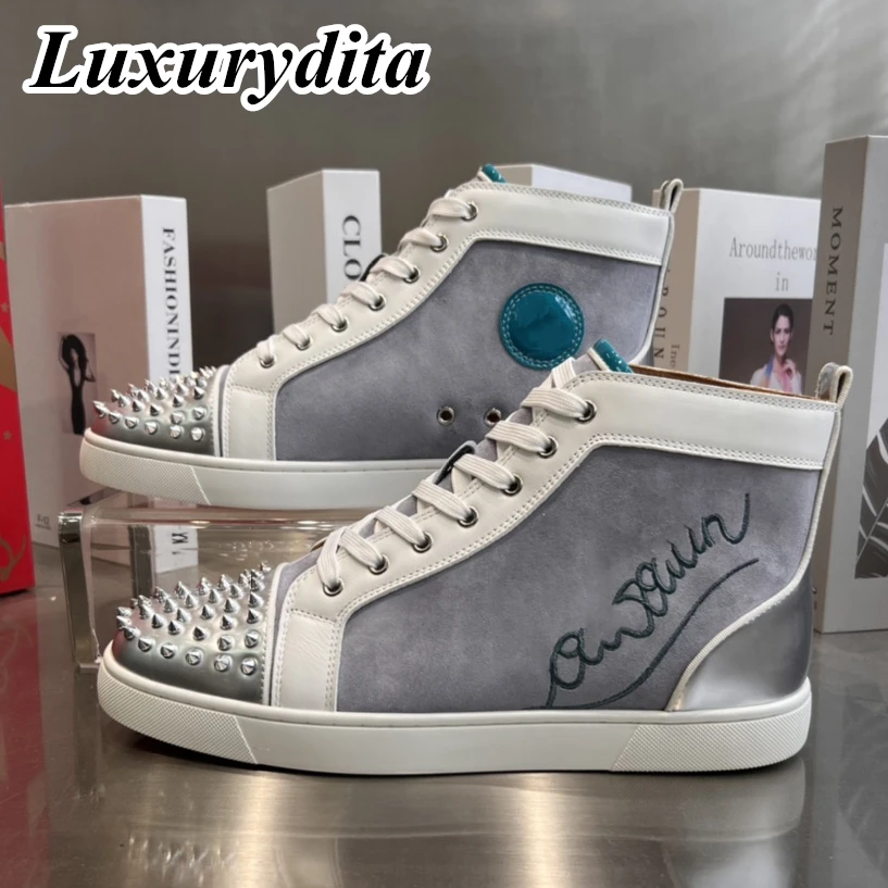 

Top Quality Womens Trendy Casual Sneakers Luxury Mens Real Leather Tennis Shoes Designr Red Sole Tide Lovers Rivet Shoes HJ0221