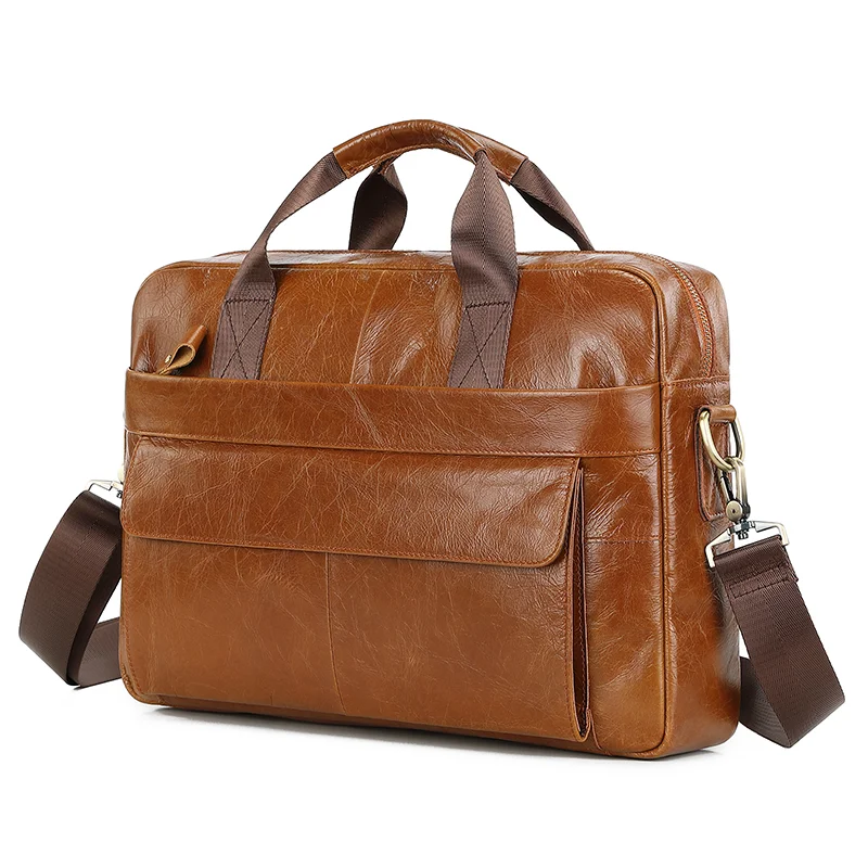 Bolsas de couro genuíno para homens, bolsa de trabalho Doctor Layer Laptop 14 ", breve caso, bolsa de ombro crossbody de alta qualidade