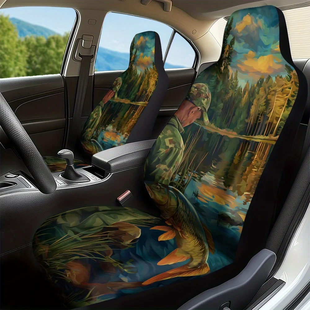 2pcs, Decorative Fisherman And Sunset Catch Style Car Seat Covers, Fit For Cars SUVs Trucks, Soft Washable Fabric Enhances Vehi