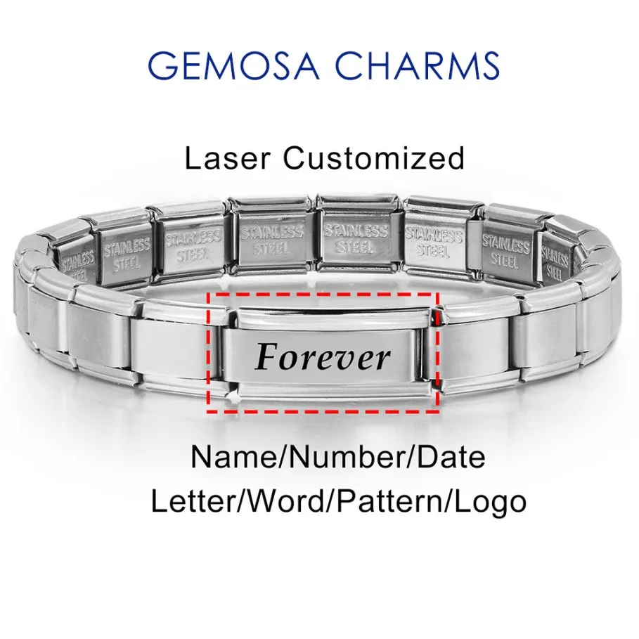 GEMOSA 1pc Personalization Message Logo Laser Bulk Customization Italian Charm Link Fit 9mm Stainless Steel Bracelet DIY Beads