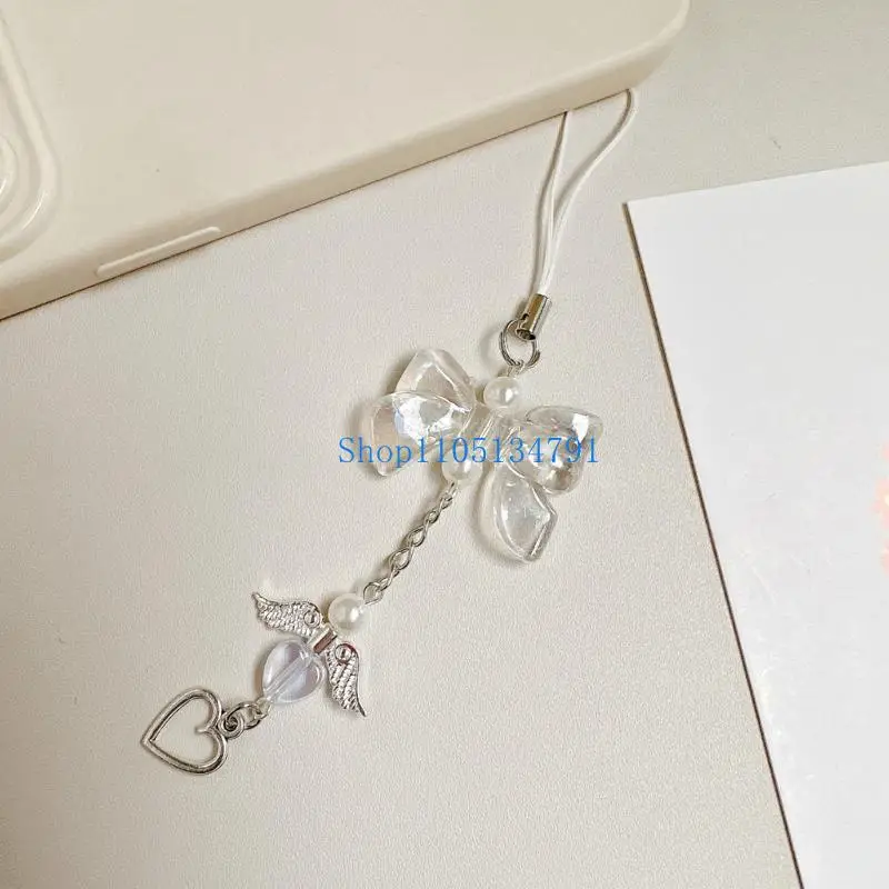98km Fashion Heart Phone Lanyard Stylish Phone Charm Bowknot Phone Embellishment Bag Pendant Gift for Fashion Enthusiasts