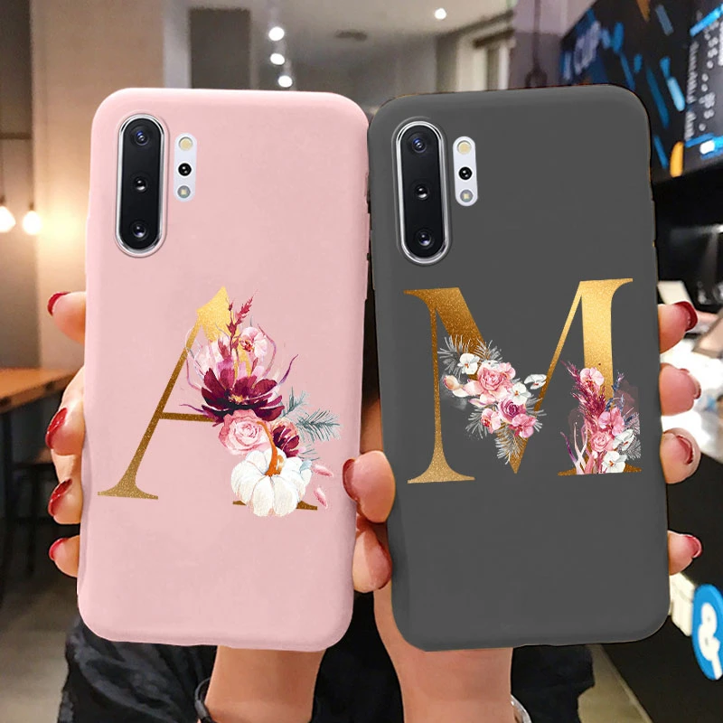 For Samsung Galaxy Note 10 Note10 Plus Case Flower Gold Letter A Z Shockproof Soft Silicone Phone Cover For Samsung Note 10+ Bag