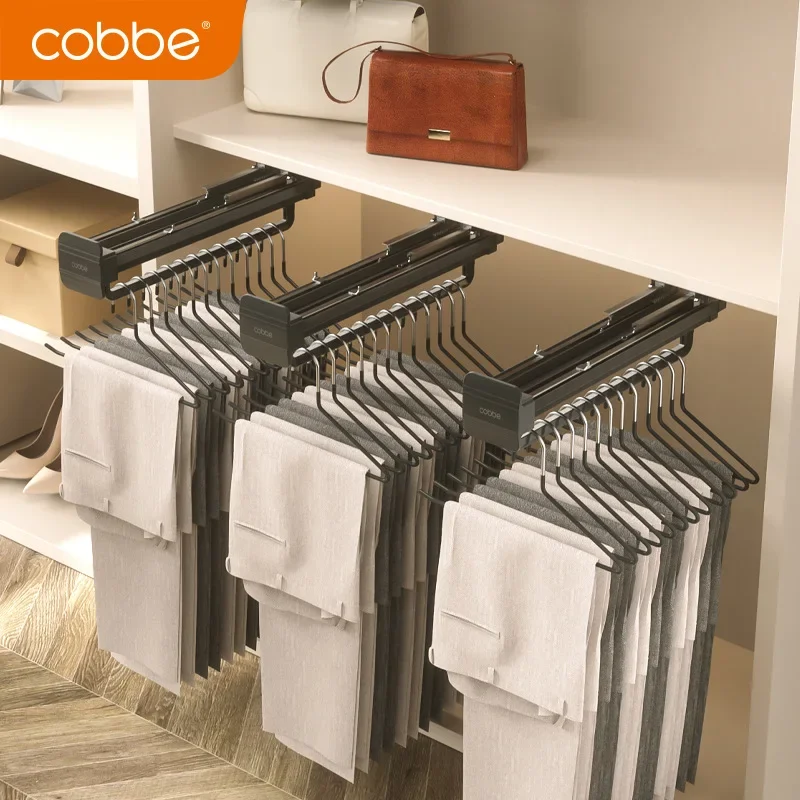 Telescopic slide rail rail wardrobe built-in top-mounted pull-out pants rack storage hanging