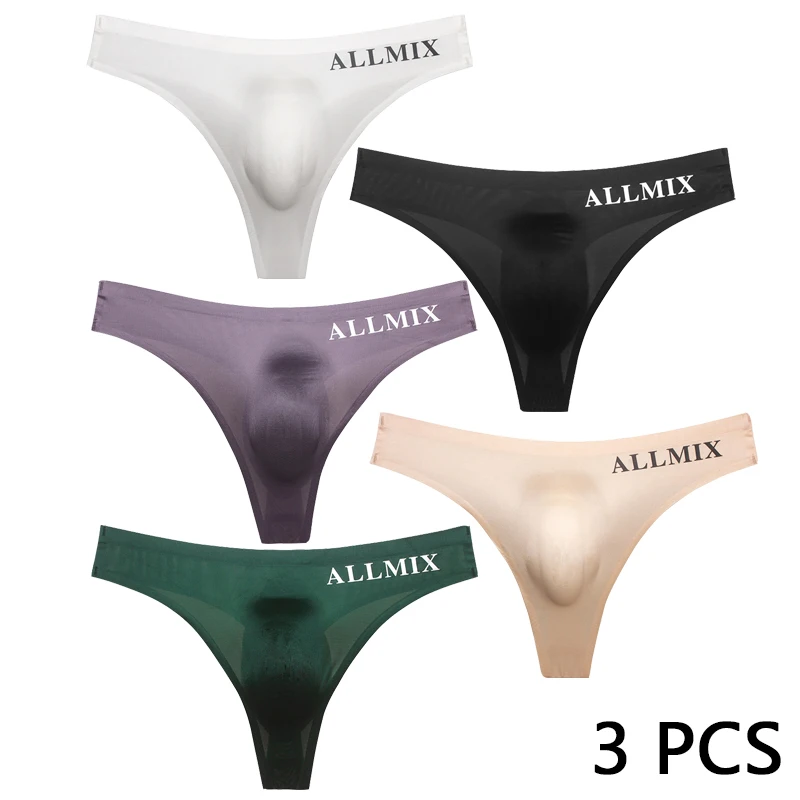 3 PCS Sexy Transparent Underwear Men Thongs Sports Fitness Letter Thin Hip Panties G-Strings Ice Silk Low Waist Seamless Thongs