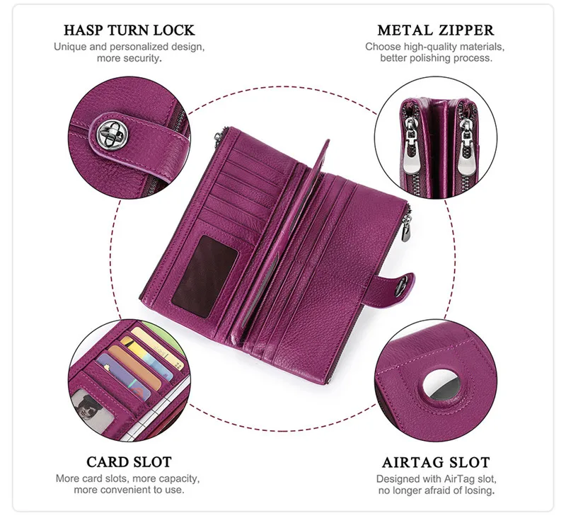 YKOSM Lange Frauen Airtag Brieftasche Luxus Echtes Leder Zipper Geldbörse Dame RFID Blocking ID Kreditkarte Tasche Anti-verloren karte Halter – Detail 8