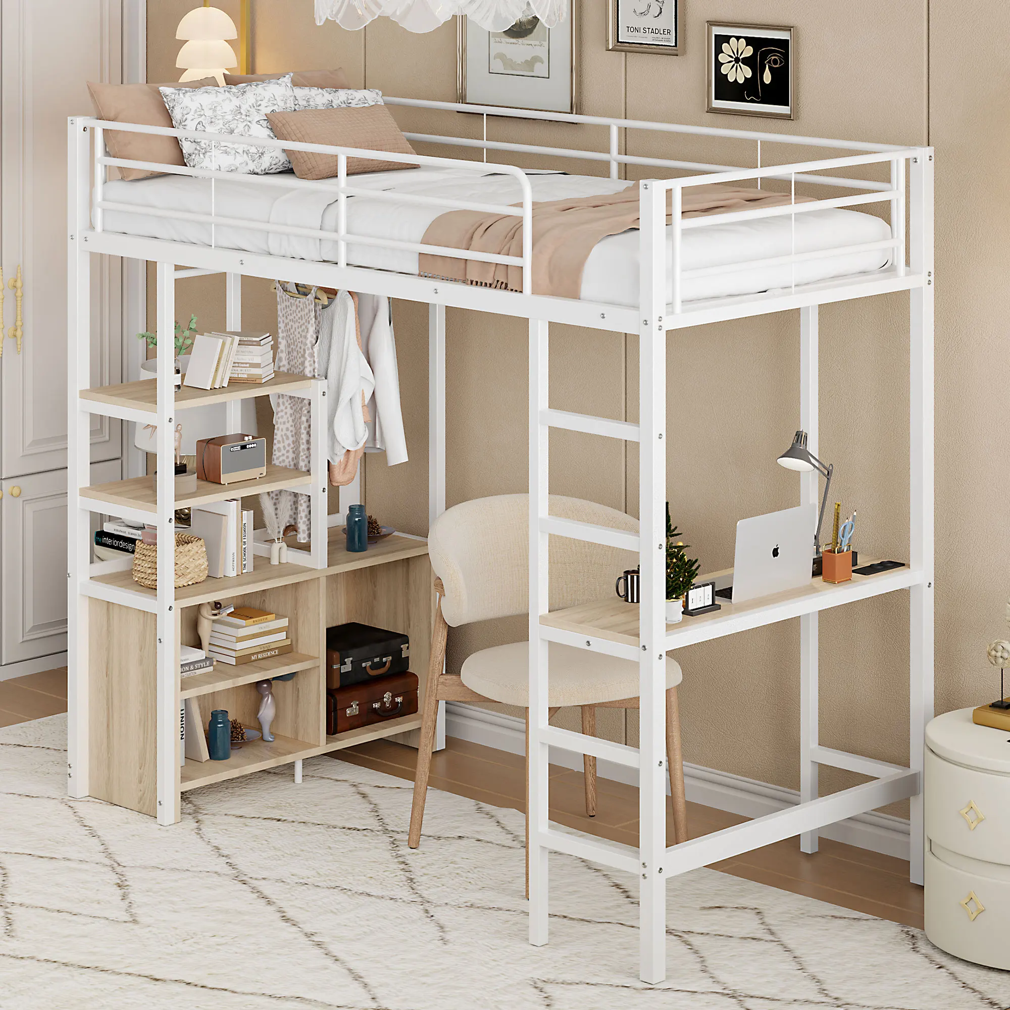 Lit MODFU Floors 90x200cm avec bureau, étagères USB, armoire de rangement, blanc