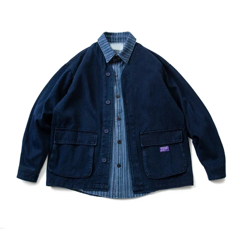 Japanese Minimalist Blue Dyed Cardigan Coat  Autumn New Item Collarless Casual Jacket Men's Trend