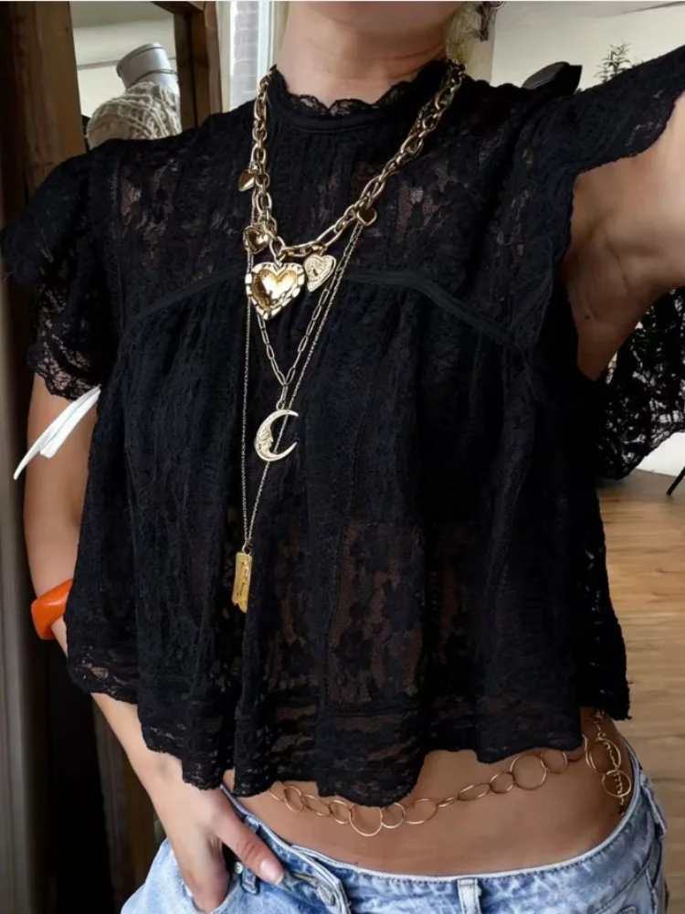 

Women Sheer White Lace Crop Boho Top Lady Crew Neck Flutter Sleeve Cropped Hem Vintage Casual Tops Summer Blouse Streetwear