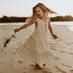 Girls Bohemian Long Maxi Linen Dress Summer New Beach Style Ruffled Casual Sleeveless Suspender Dresses TZ227