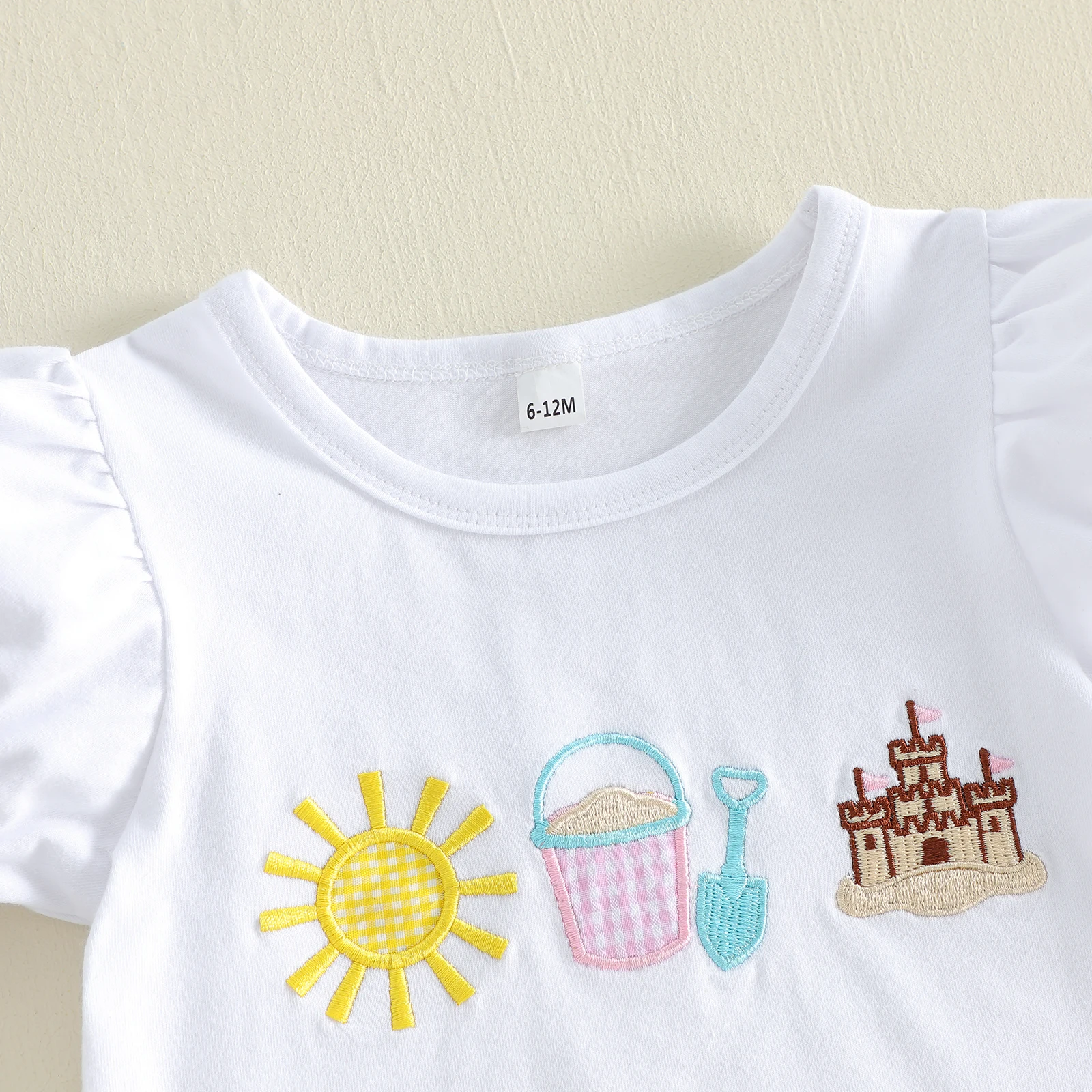 Little Girls 2 Piece Outfits Adorable Sun Castle Embroidery Short Sleeve Round Neck Tops and Plaid Shorts Set