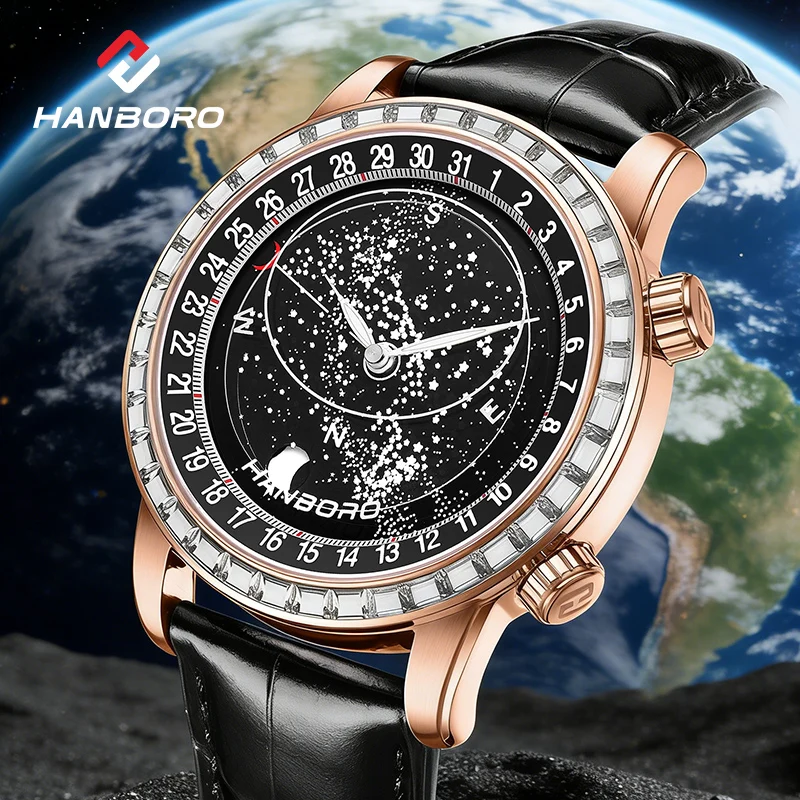 HANBORO Men Automatic Watch 43MM Mechanical Wristwatch Starry Sky Second Dial Sapphire Mirror Luminous Micro Rotor Hangzhou5100