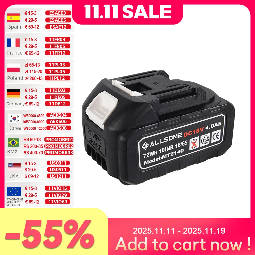 

Allsome 18V Rechargeable Battery for Cordless Drill Saw Screwdriver Wrench Angle Grinder Brushless Power Tools